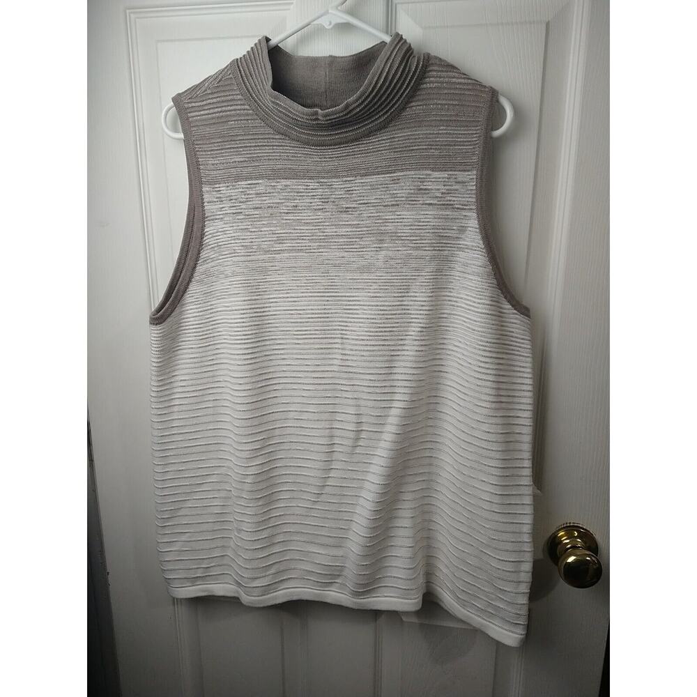 Chicos Woman 3/L Sweater Tank Mock Neck Brown Cream Striped Sleeveless Pullover